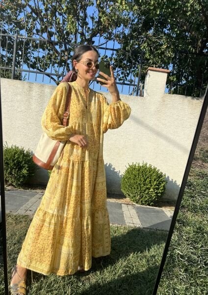 Patchwork Desen Katleya Model Elbise-Sarı