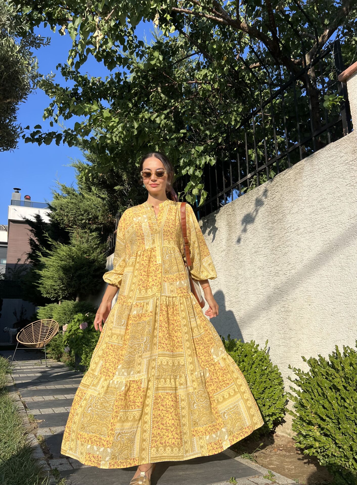 Patchwork Desen Katleya Model Elbise-Sarı