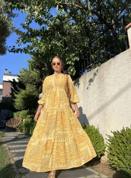 Patchwork Desen Katleya Model Elbise-Sarı