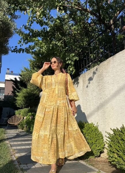 Patchwork Desen Katleya Model Elbise-Sarı