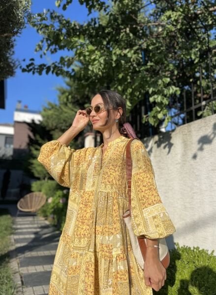 Patchwork Desen Katleya Model Elbise-Sarı