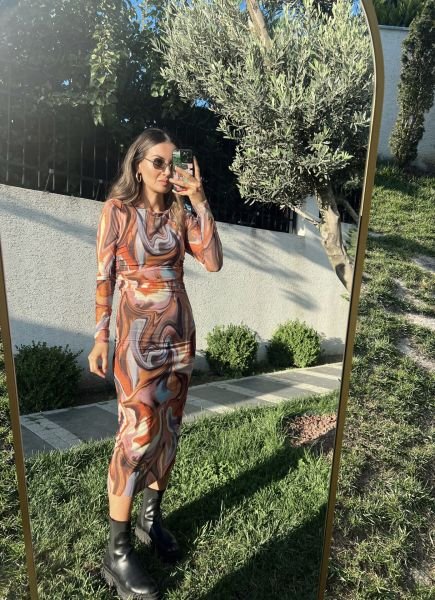Turuncu Desen Belden Büzgülü Tül Elbise