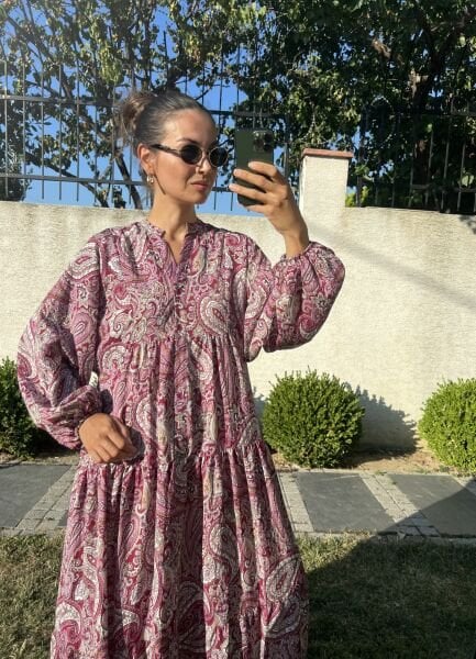 Şal Desen Maxi Elbise-Vişne