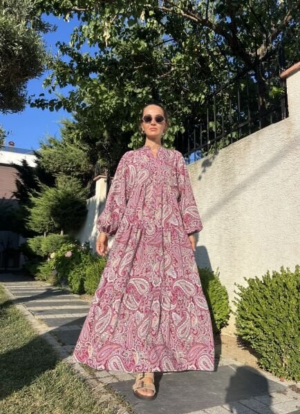 Şal Desen Maxi Elbise-Vişne