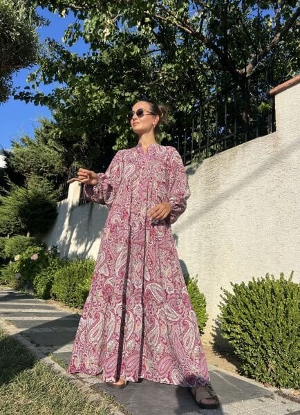 Şal Desen Maxi Elbise-Vişne