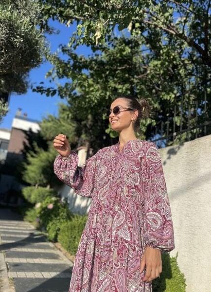 Şal Desen Maxi Elbise-Vişne