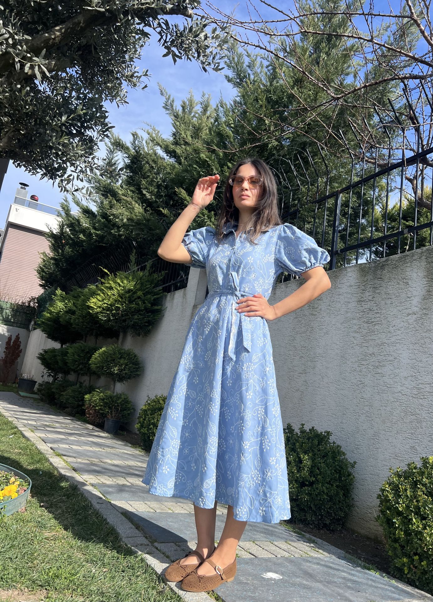 İşlemeli Denim Elbise-Açık Mavi(21.03 KARGO TARİHİ)
