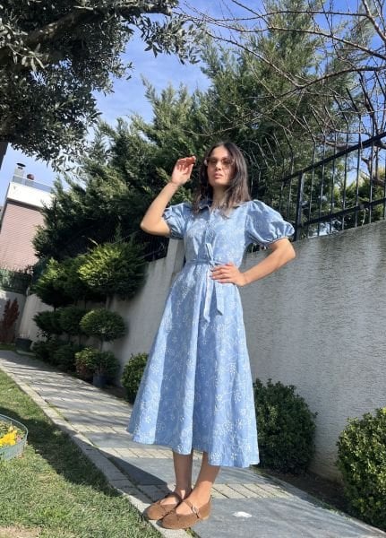 İşlemeli Denim Elbise-Açık Mavi(21.03 KARGO TARİHİ)