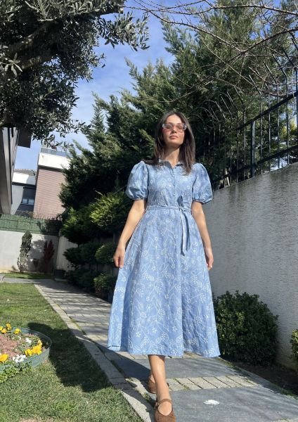 İşlemeli Denim Elbise-Açık Mavi(21.03 KARGO TARİHİ)