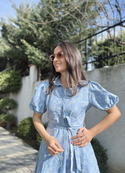 İşlemeli Denim Elbise-Açık Mavi(21.03 KARGO TARİHİ)