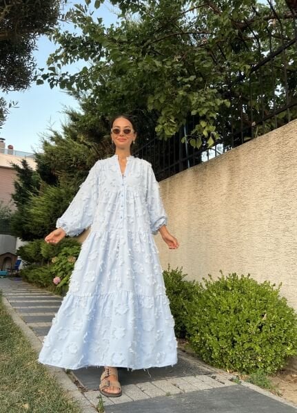 Püskül Detaylı Katleya Elbise-Mavi