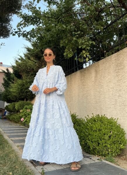 Püskül Detaylı Katleya Elbise-Mavi