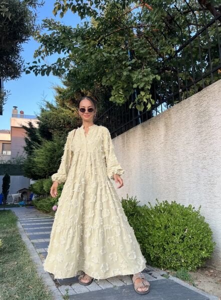 Püskül Detaylı Katleya  Elbise-Haki