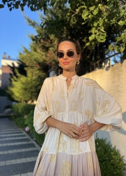 Parlak Gold Desen Katleya Elbise-Siyah