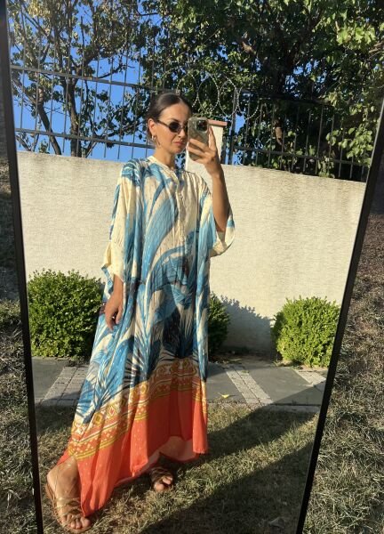 Oversize Yarasa Kol Tunik Elbise-Mavi