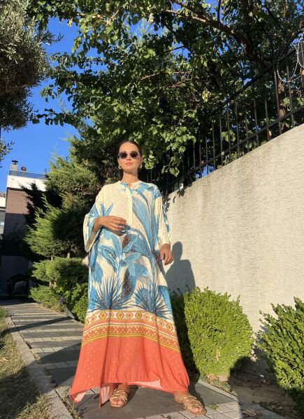 Oversize Yarasa Kol Tunik Elbise-Mavi