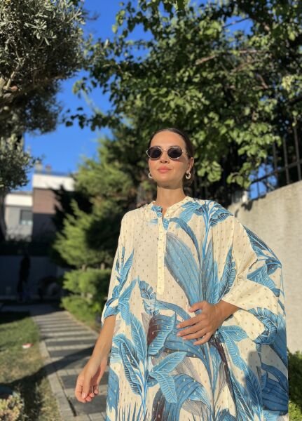 Oversize Yarasa Kol Tunik Elbise-Mavi