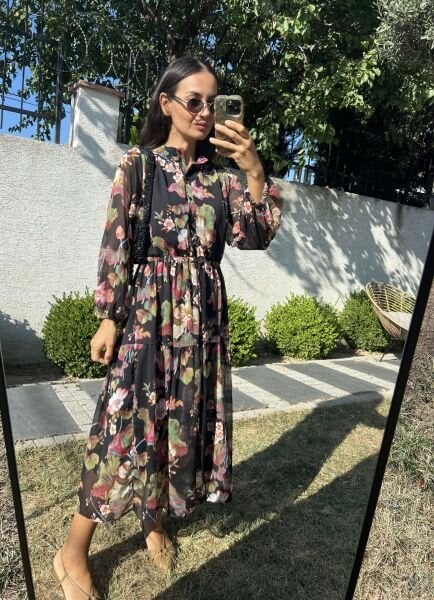 Siyah Beli Büzgülü Orj. Şifon Elbise