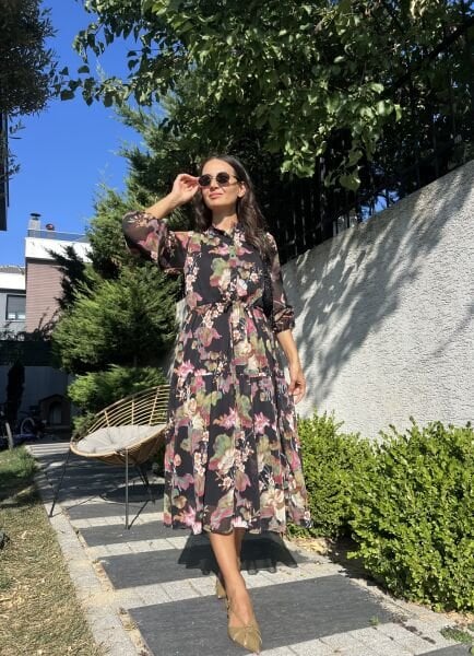 Siyah Beli Büzgülü Orj. Şifon Elbise