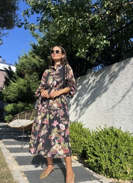 Siyah Beli Büzgülü Orj. Şifon Elbise