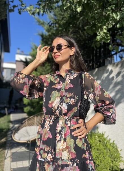 Siyah Beli Büzgülü Orj. Şifon Elbise