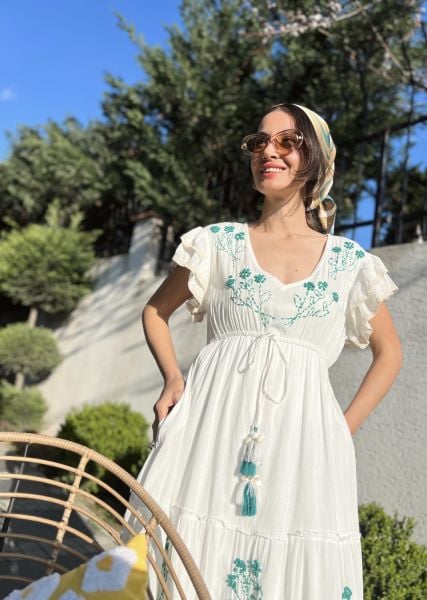 İşlemeli Maxi Elbise-Yeşil