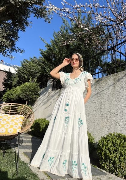 İşlemeli Maxi Elbise-Yeşil