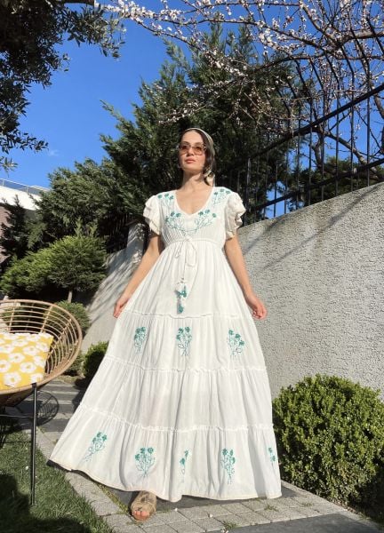 İşlemeli Maxi Elbise-Yeşil