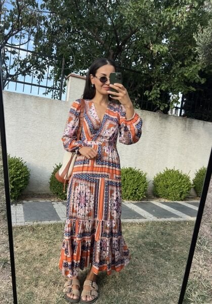 Orj.Marka Patchwork Desen Elbise