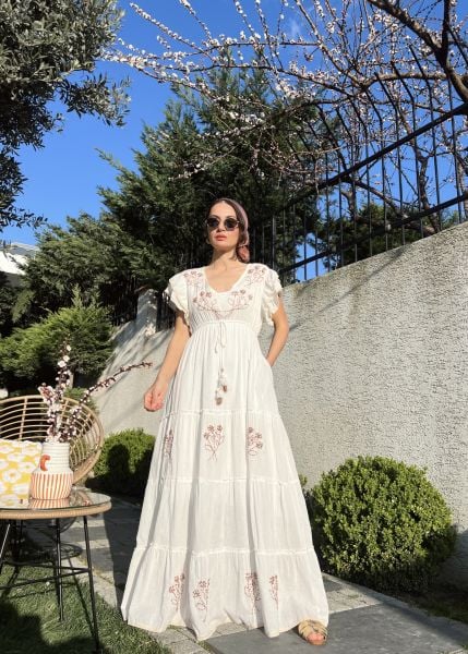 İşlemeli Maxi Elbise -Kahve