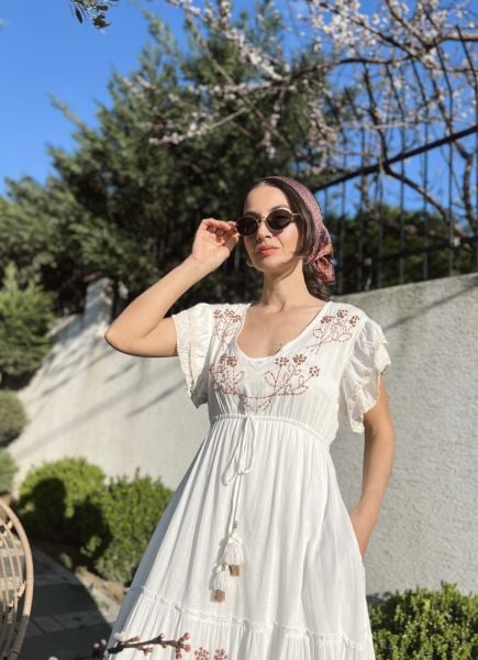 İşlemeli Maxi Elbise -Kahve