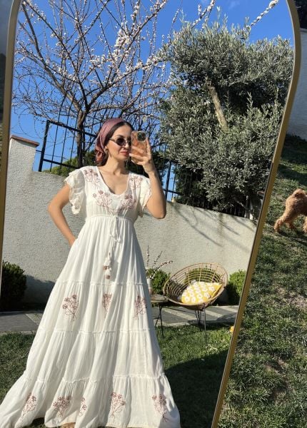 İşlemeli Maxi Elbise -Kahve