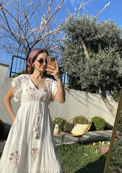 İşlemeli Maxi Elbise -Kahve