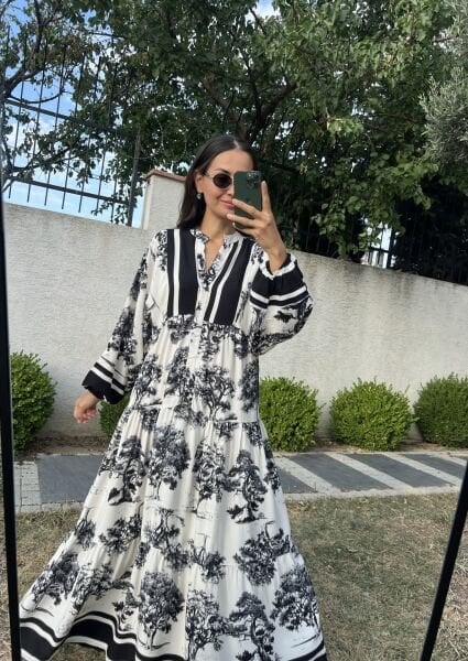 Ağaç Desen Katleya Model Elbise-Siyah