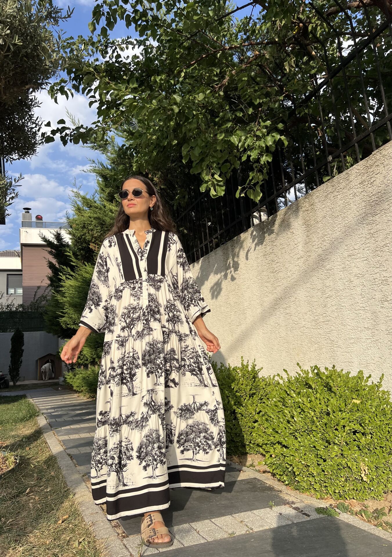 Ağaç Desen Katleya Model Elbise-Siyah