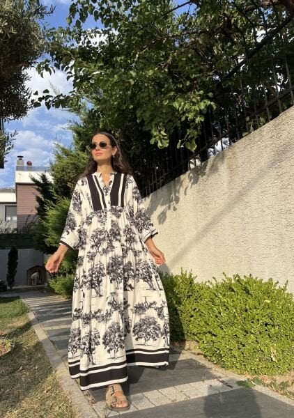 Ağaç Desen Katleya Model Elbise-Siyah