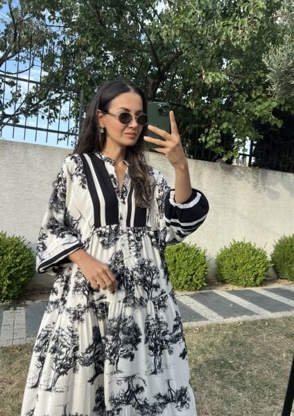 Ağaç Desen Katleya Model Elbise-Siyah
