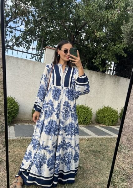 Ağaç Desen Katleya Model Elbise-Mavi