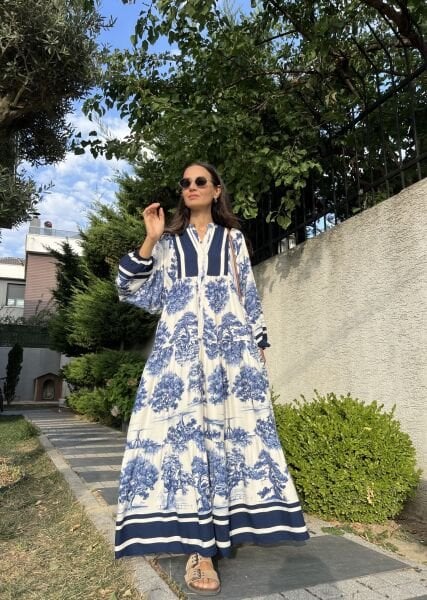 Ağaç Desen Katleya Model Elbise-Mavi