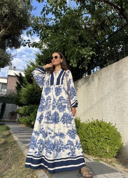 Ağaç Desen Katleya Model Elbise-Mavi