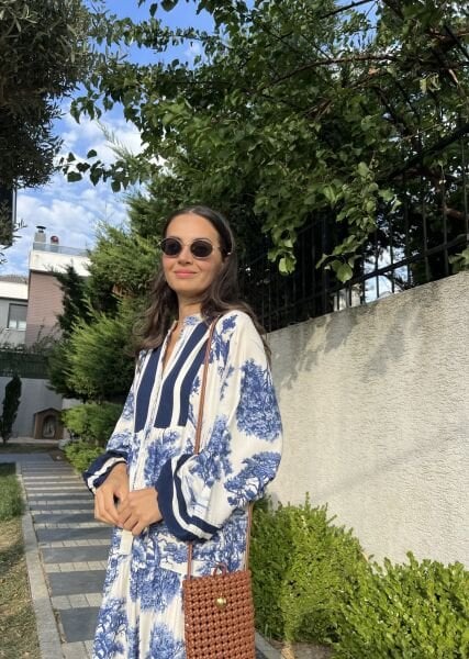 Ağaç Desen Katleya Model Elbise-Mavi