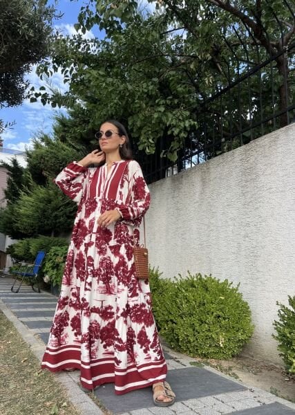 Ağaç Desen Katleya Model Elbise-Bordo