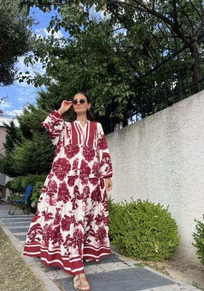 Ağaç Desen Katleya Model Elbise-Bordo