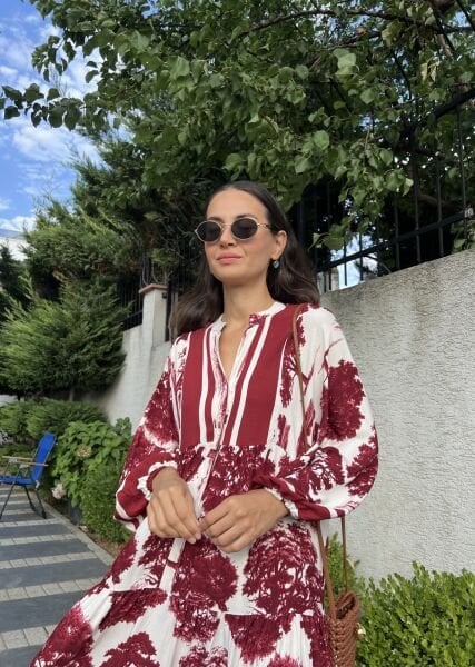 Ağaç Desen Katleya Model Elbise-Bordo