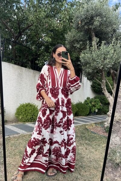 Ağaç Desen Katleya Model Elbise-Bordo