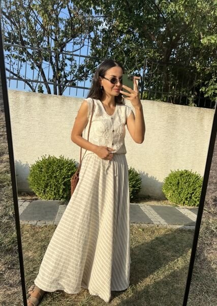 Çizgili Keten Etek-Bej