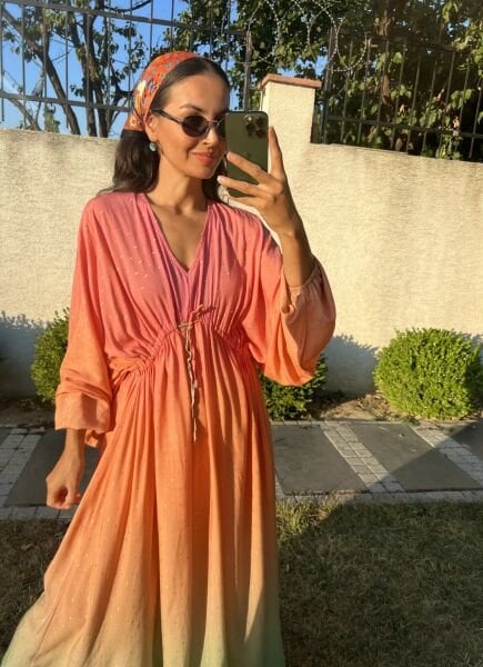 Beli Büzgülü Gold Desen Soft Elbise(28 Ağustos KARGO)
