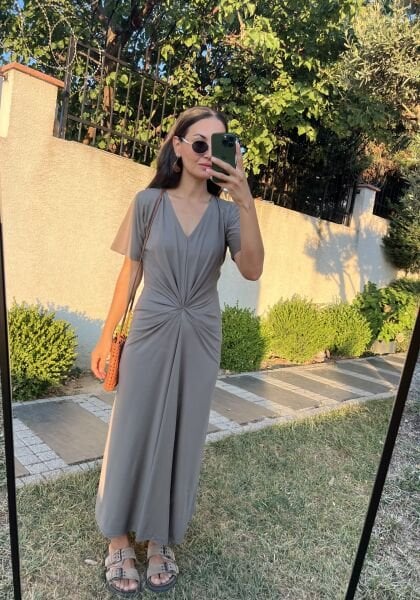 Haki Önü Düğüm Detaylı Modal Elbise
