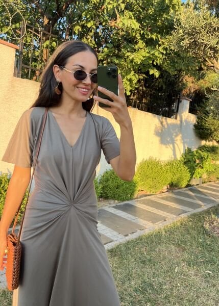 Haki Önü Düğüm Detaylı Modal Elbise