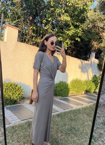 Haki Önü Düğüm Detaylı Modal Elbise